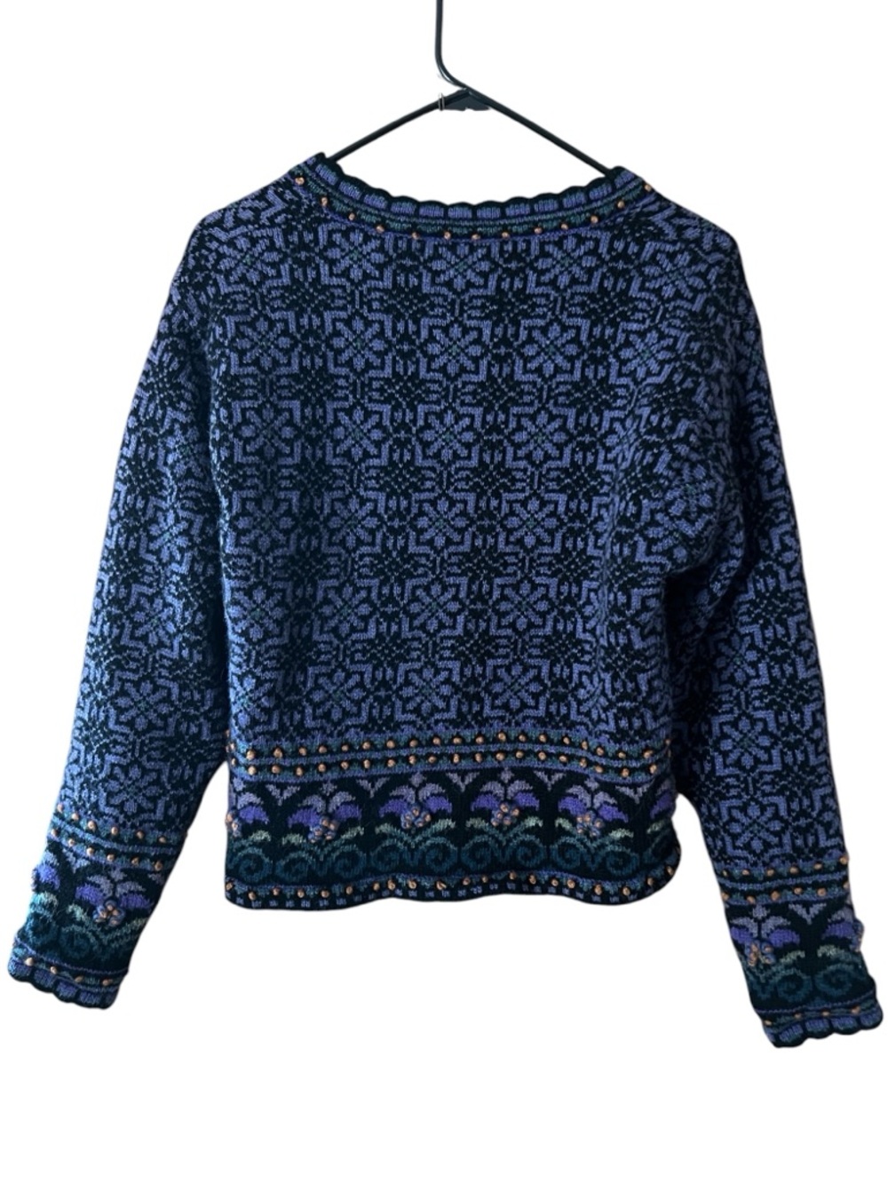 Women’s Icelandic Navy and Purple Patterned Wool Cardigan Sweater Size Small - Picture 3 of 15